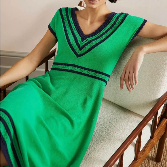 Boden Dresses & Skirts - Boden $180 Green Navy V Neck Knitted Cotton Jumper Midi Dress UK6 US2